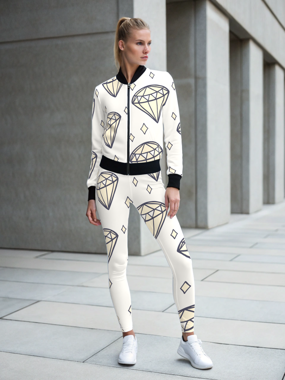 Dazzling Diamond Print Beige High Waist Body Shaping Leggings