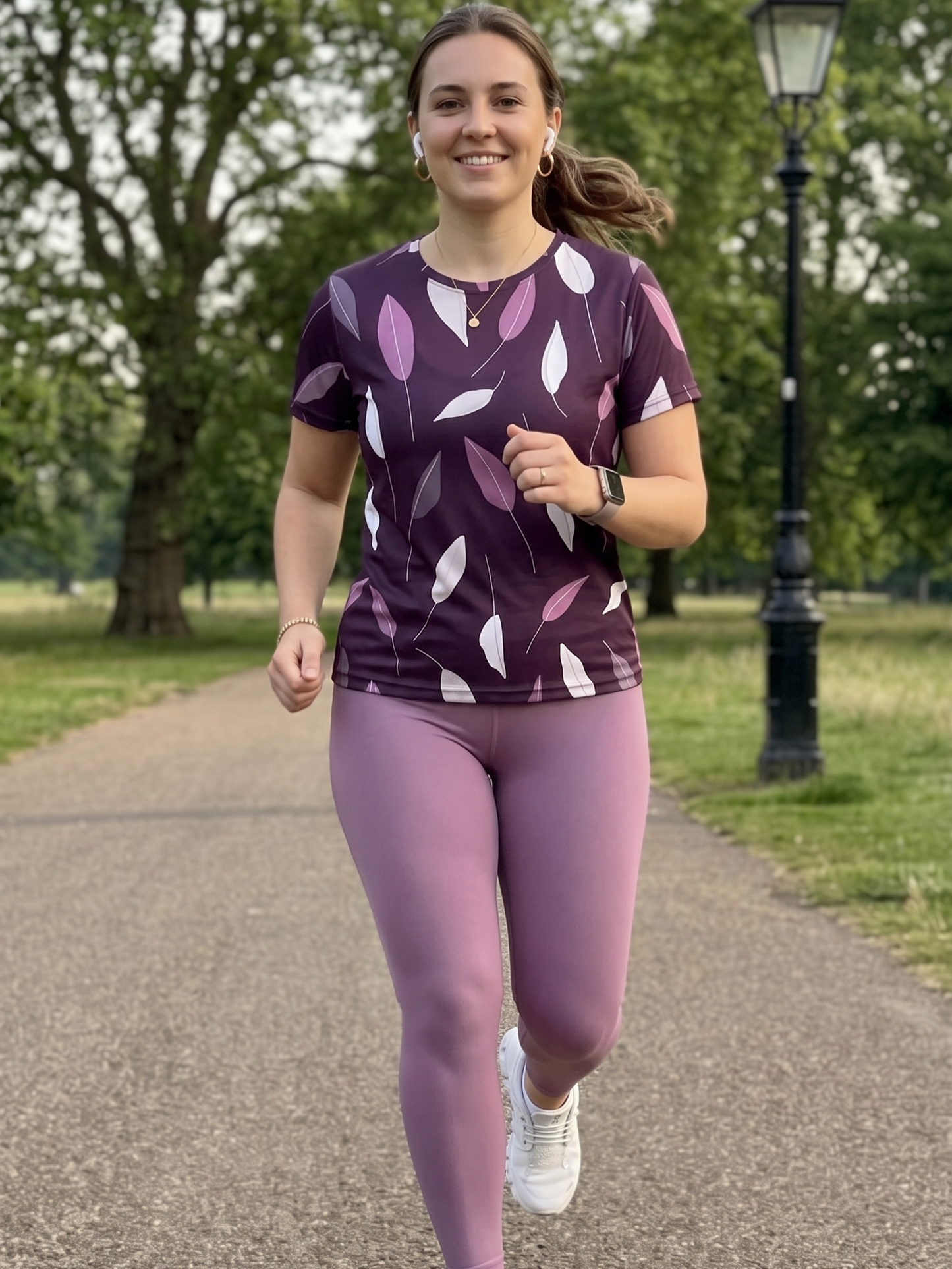 Pleasing Leaf Print | Activewear Coord Set Tshirt With Tummy Tuck Purple Leggings | Multi Sport | Odour Free