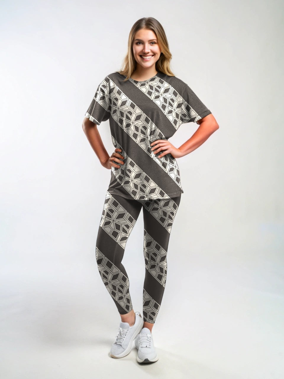 Classy Diagonal Print Premium Oversized Tee With Tummy Tuck Body Shaping Leggings Co-ord Set