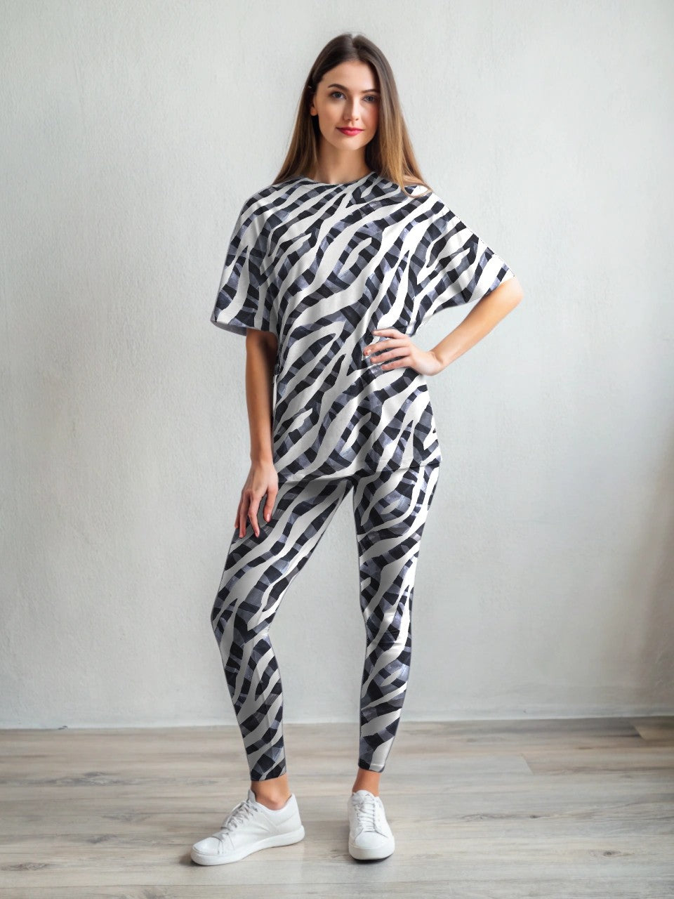 Classy South African Zebra Print Premium Oversized Tee With Tummy Tuck Body Shaping Leggings Co-ord Set