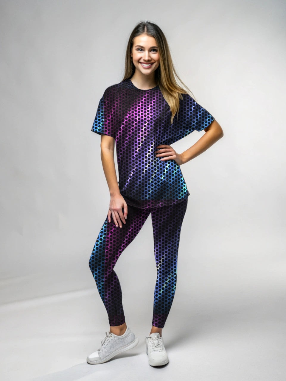 Sporty Aurora Inspired Print Premium Oversized Tee With Tummy Tuck Body Shaping Leggings Co-ord Set