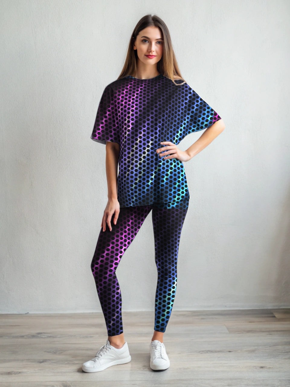 Sporty Aurora Inspired Print Premium Oversized Tee With Tummy Tuck Body Shaping Leggings Co-ord Set