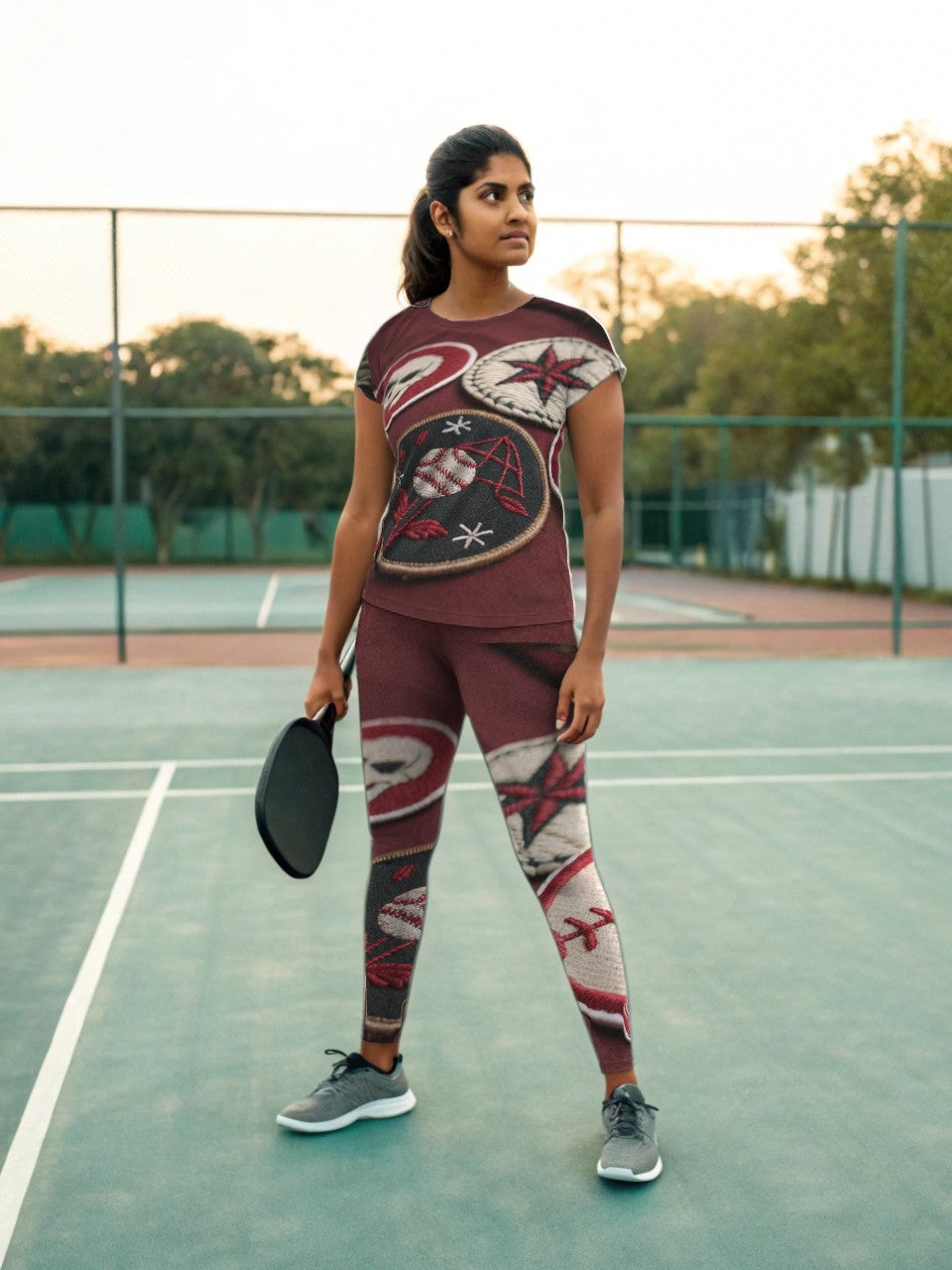 Pickleball | Paddleball | Activewear Coord Set Tshirt With Tummy Tuck Leggings | Club Patch Print