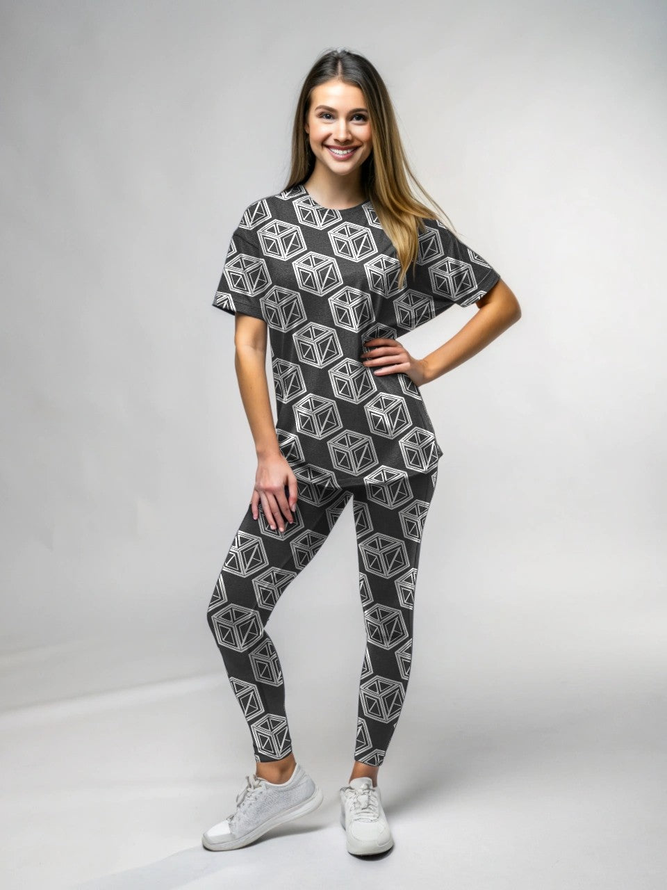 Cool Monochrome Ice Cubes Print Premium Oversized Tee With Tummy Tuck Body Shaping Leggings Co-ord Set