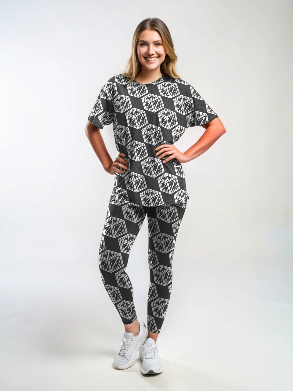 Cool Monochrome Ice Cubes Print Premium Oversized Tee With Tummy Tuck Body Shaping Leggings Co-ord Set