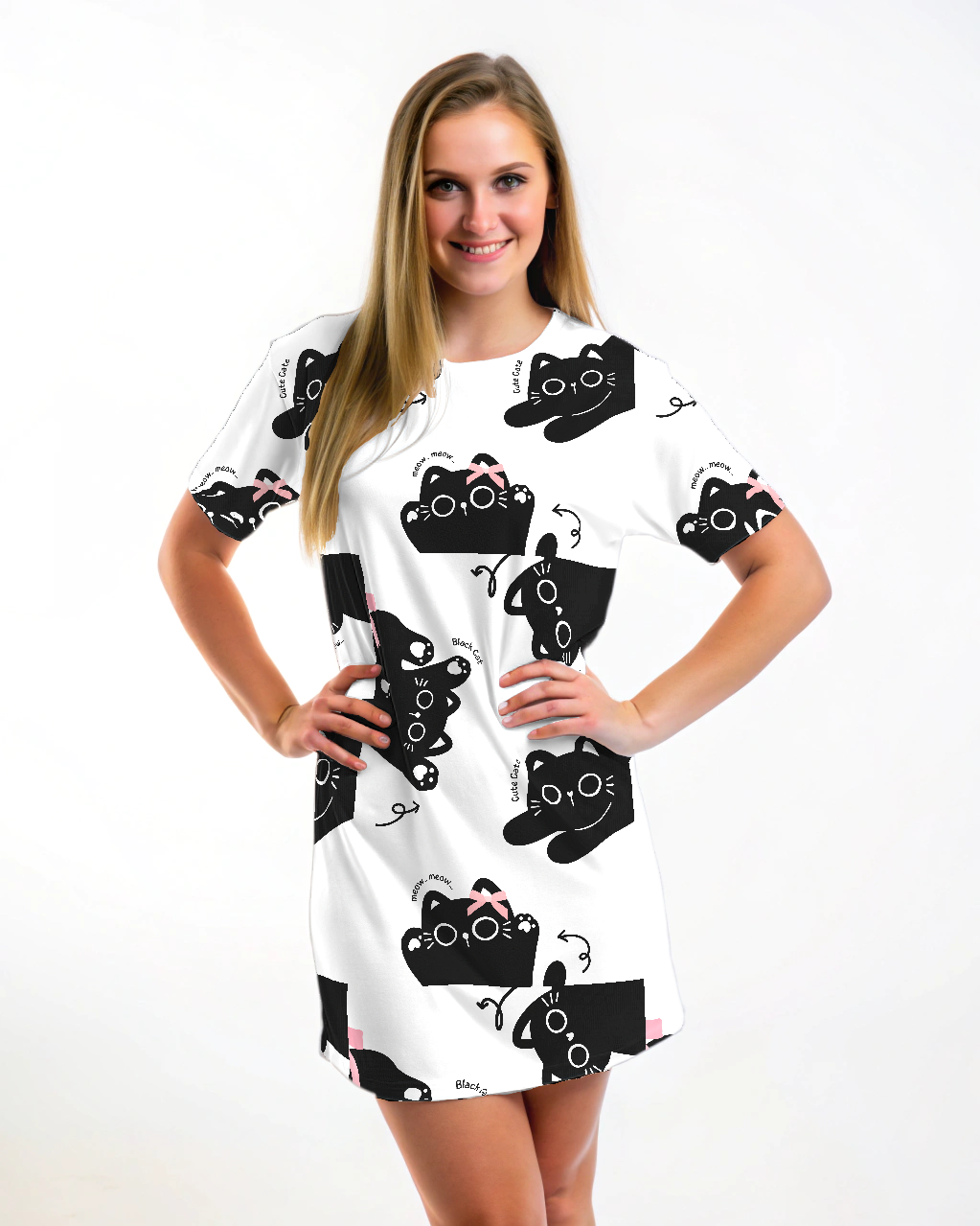 Sweet Cat Print White T Shirt Dress