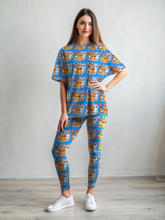 Premium Leisure Wear Cute Cats Print Oversized Tee With Tummy Tuck Body Shaping Leggings Co-ord Set