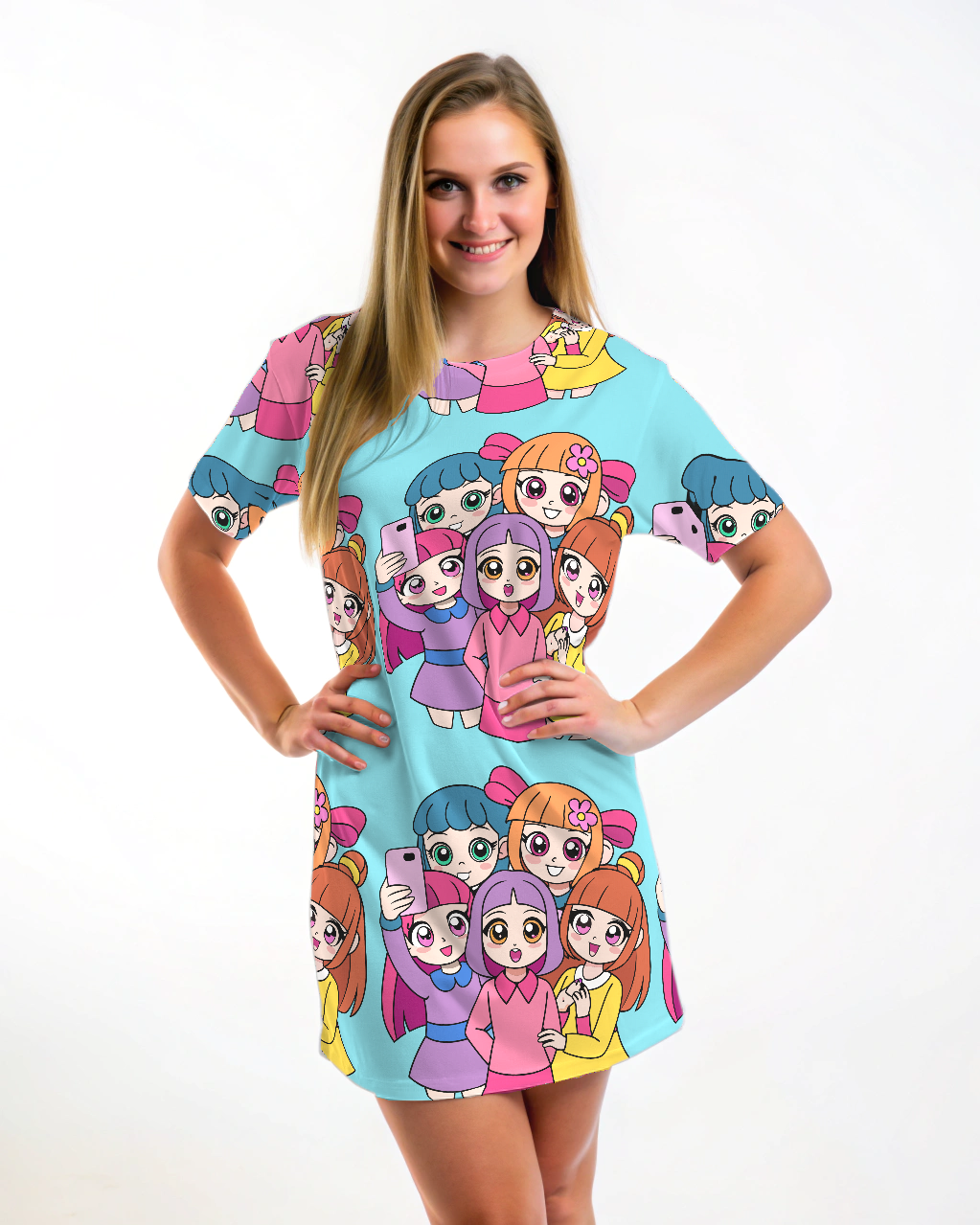 Stylish Girl Gang Selfie Print Blue T Shirt Dress