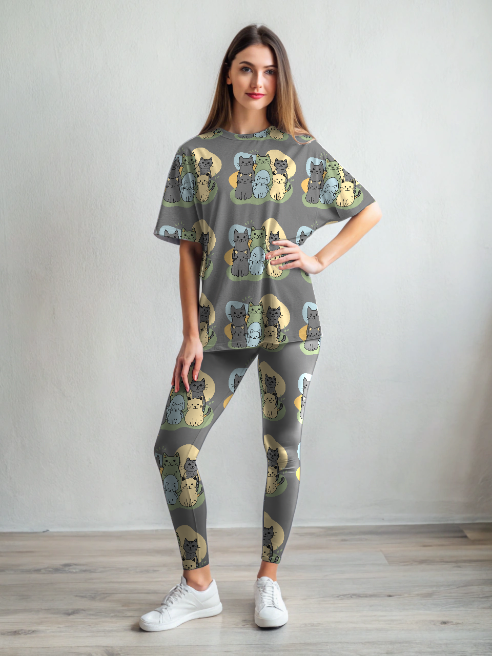 Adorable Cute Kittens Print Premium Oversized Tee With Tummy Tuck Body Shaping Leggings Co-ord Set