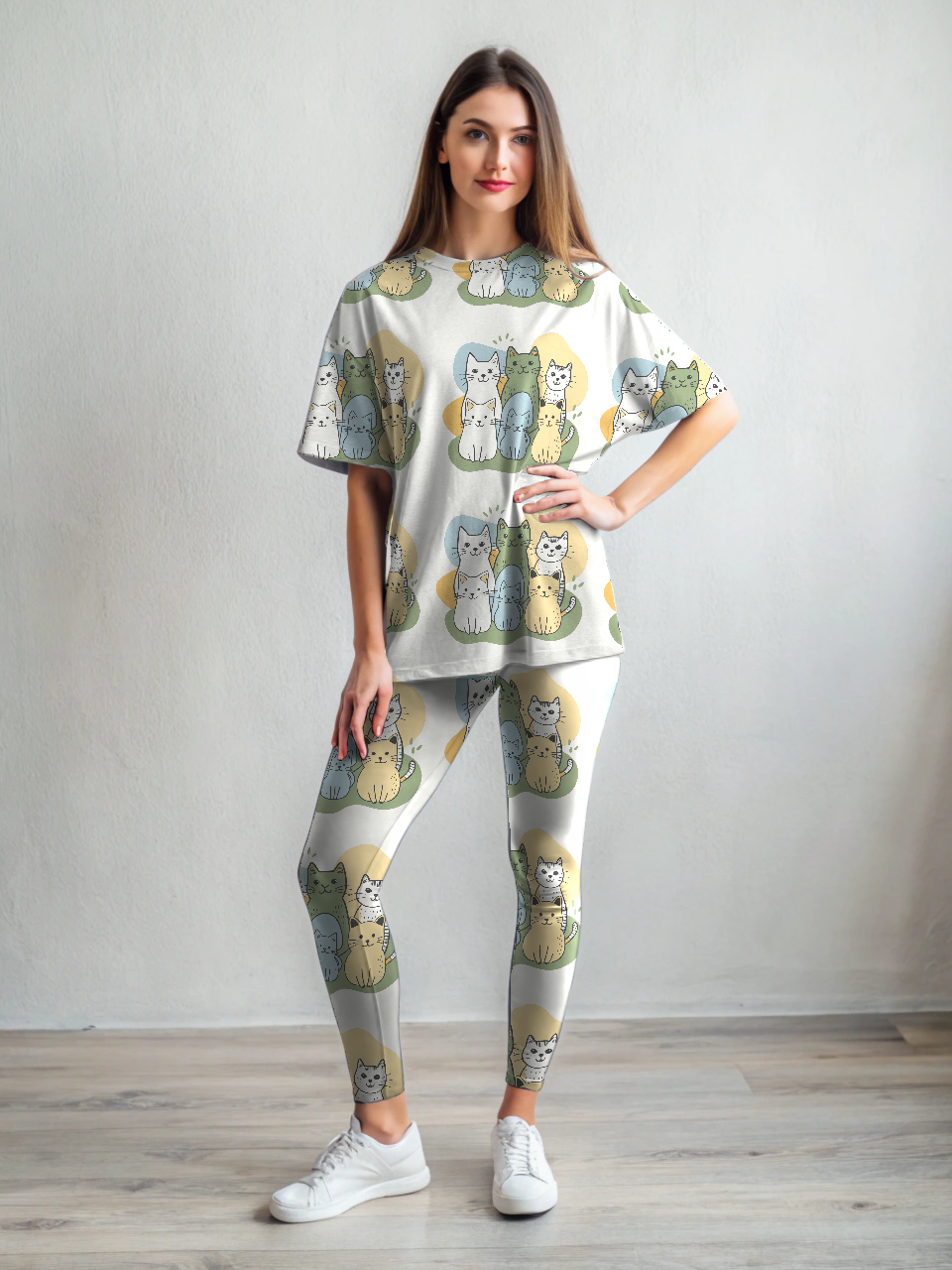 Adorable Cute Kittens Print Premium Oversized Tee With Tummy Tuck Body Shaping Leggings Co-ord Set
