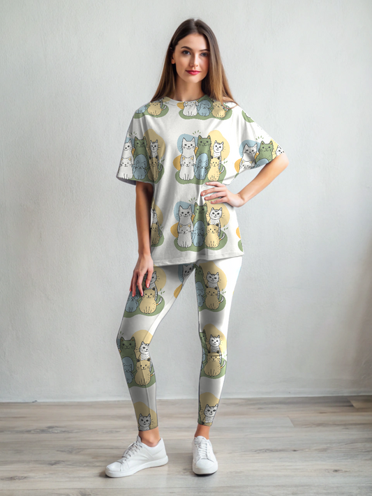 Adorable Cute Kittens Print Premium Oversized Tee With Tummy Tuck Body Shaping Leggings Co-ord Set