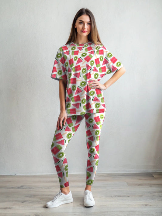 Yummy Melon Candy Kiwi  Print Premium Oversized Tee With Tummy Tuck Body Shaping Leggings Co-ord Set