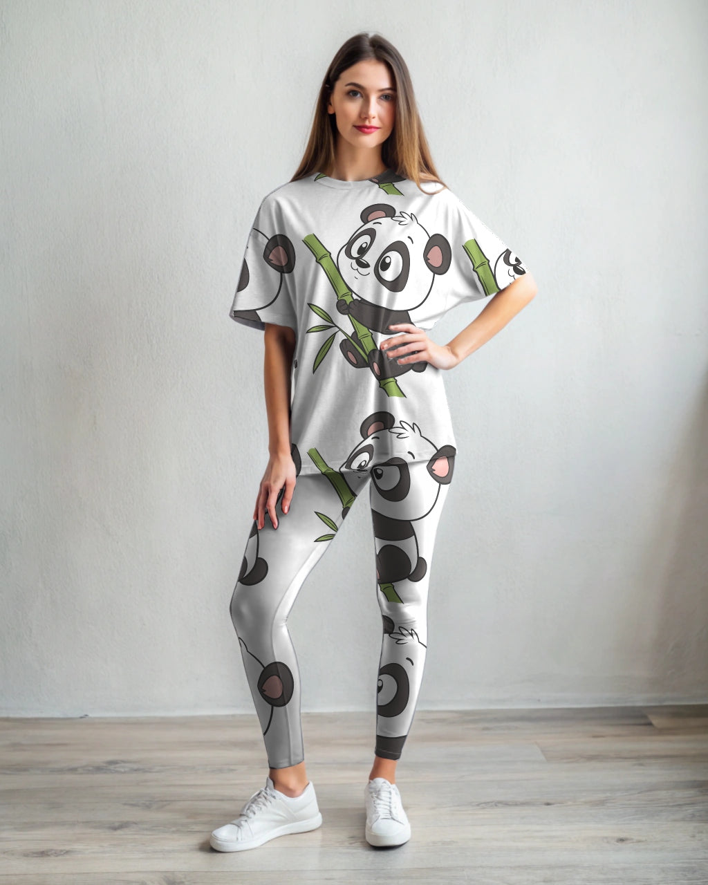Cute Panda Print Premium Oversized Tee With Tummy Tuck Body Shaping Leggings White Co-ord Set