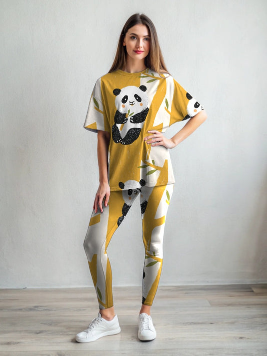 Cute Panda Print Premium Oversized Tee With Tummy Tuck Body Shaping Leggings Yellow Co-ord Set