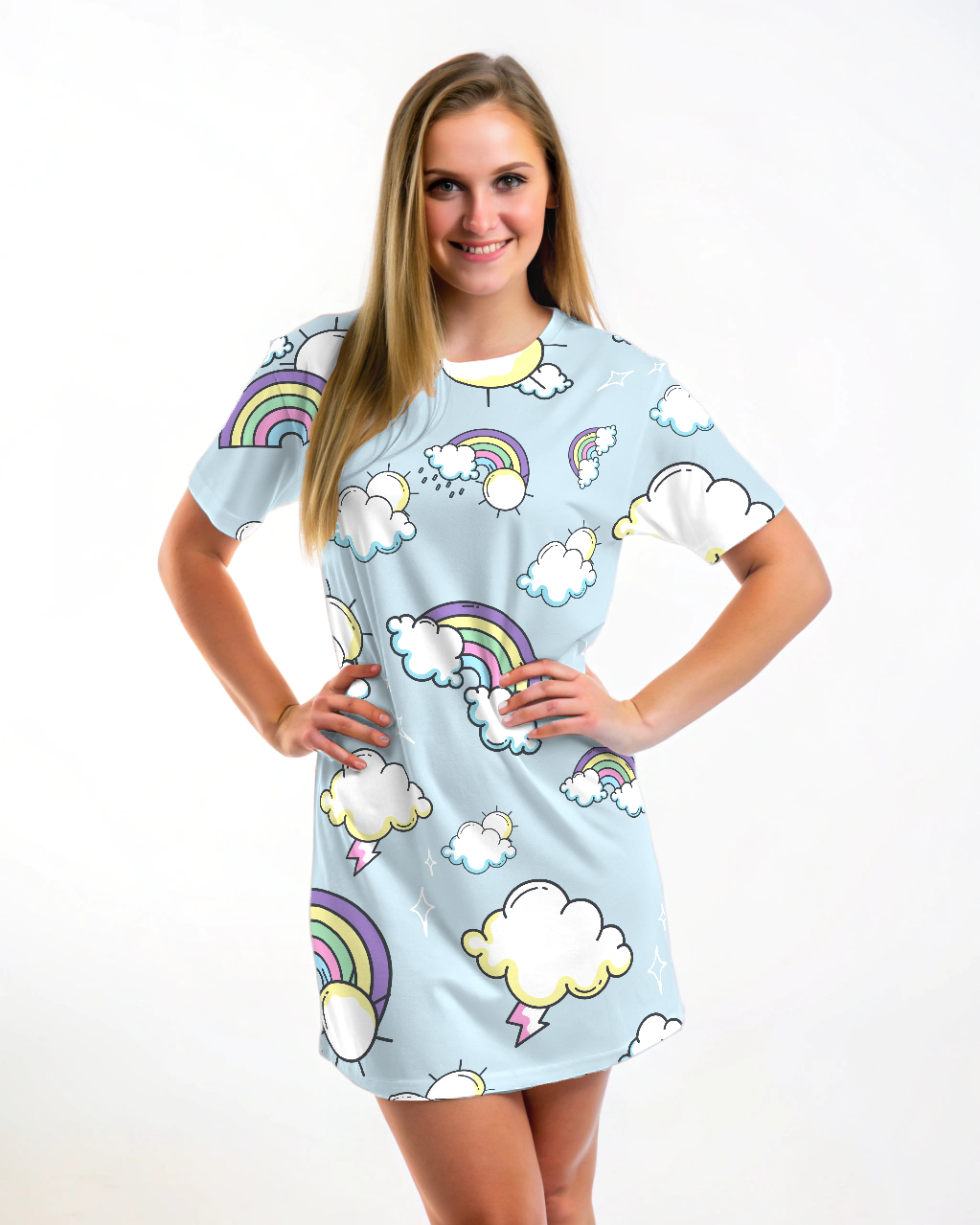 Cute Rainbow Print Blue T Shirt Dress