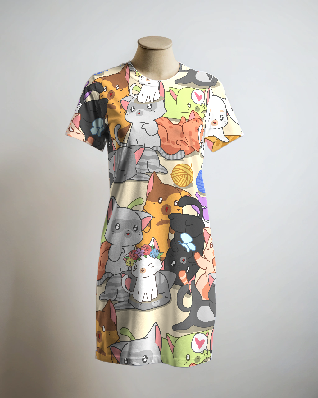 Cute Cat Party Print T Shirt Dress