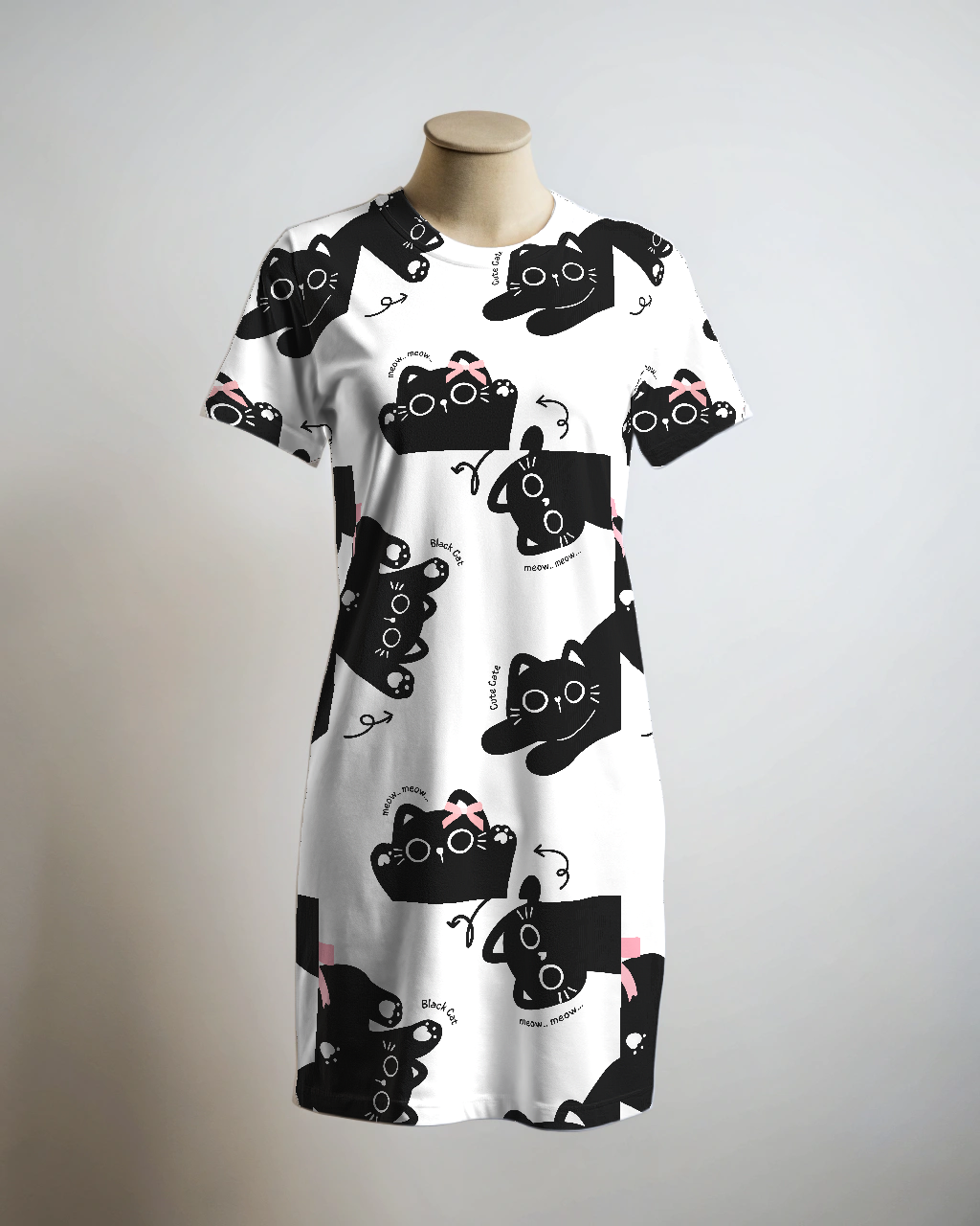 Sweet Cat Print White T Shirt Dress