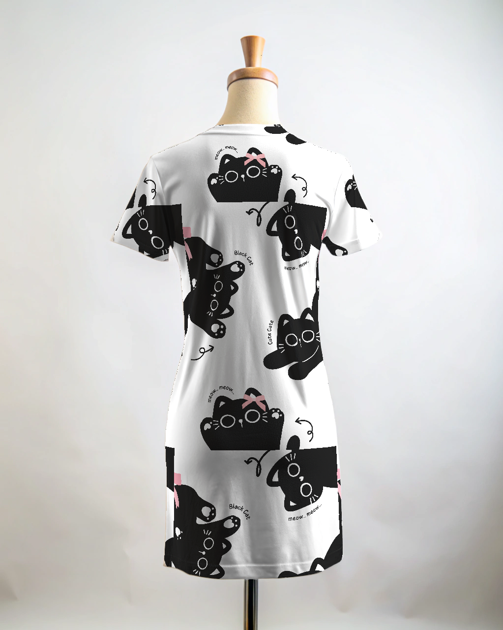 Sweet Cat Print White T Shirt Dress