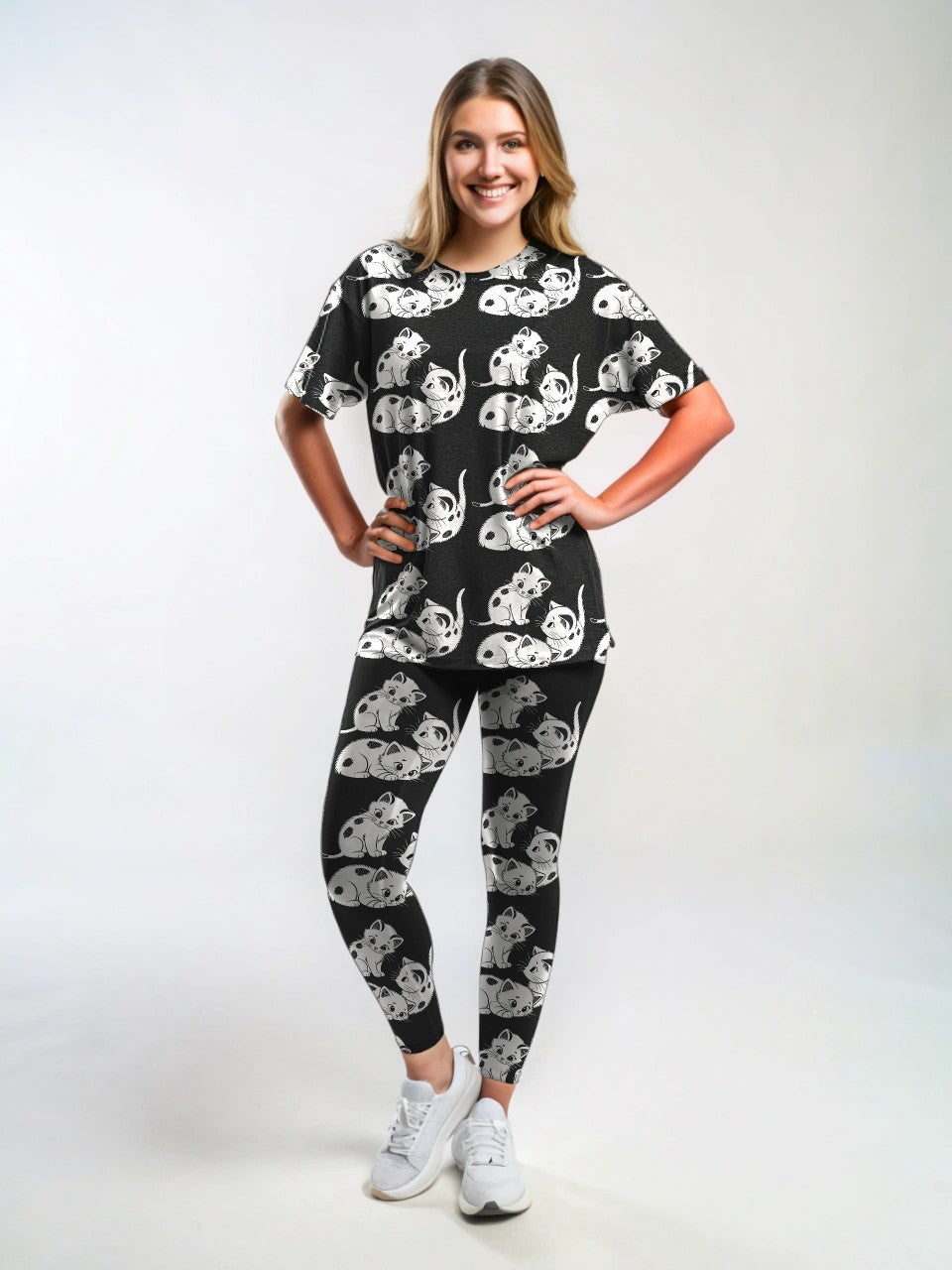 Playful Cute Kittens Print Premium Oversized Tee With Tummy Tuck Body Shaping Leggings Co-ord Set