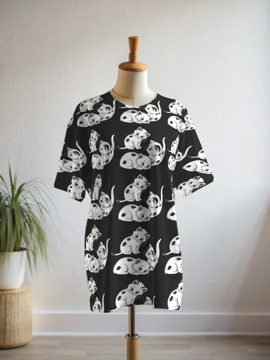 Playful Cute Kittens Print Premium Oversized Tee With Tummy Tuck Body Shaping Leggings Co-ord Set