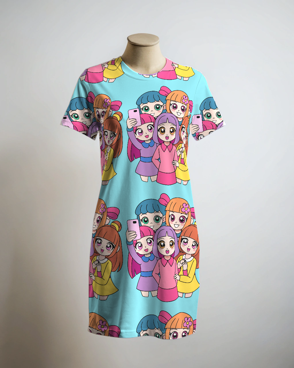 Stylish Girl Gang Selfie Print Blue T Shirt Dress