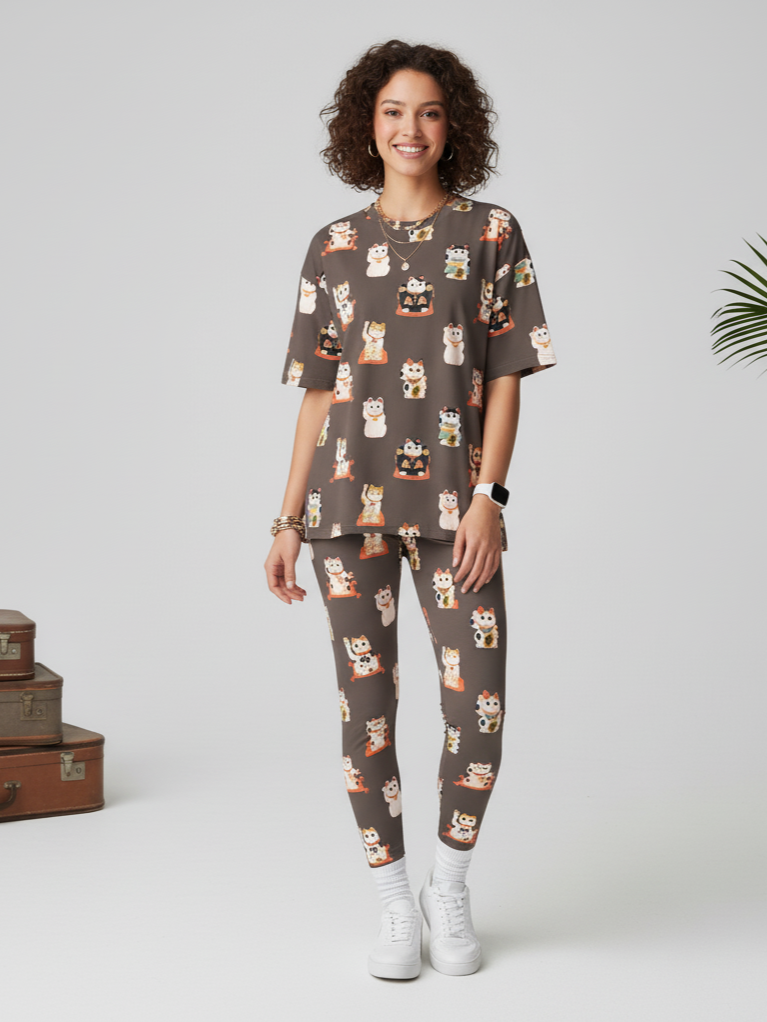 Sweet Japenese Cat Dolls Print Premium Oversized Tee With Tummy Tuck Body Shaping Leggings Co-ord Set