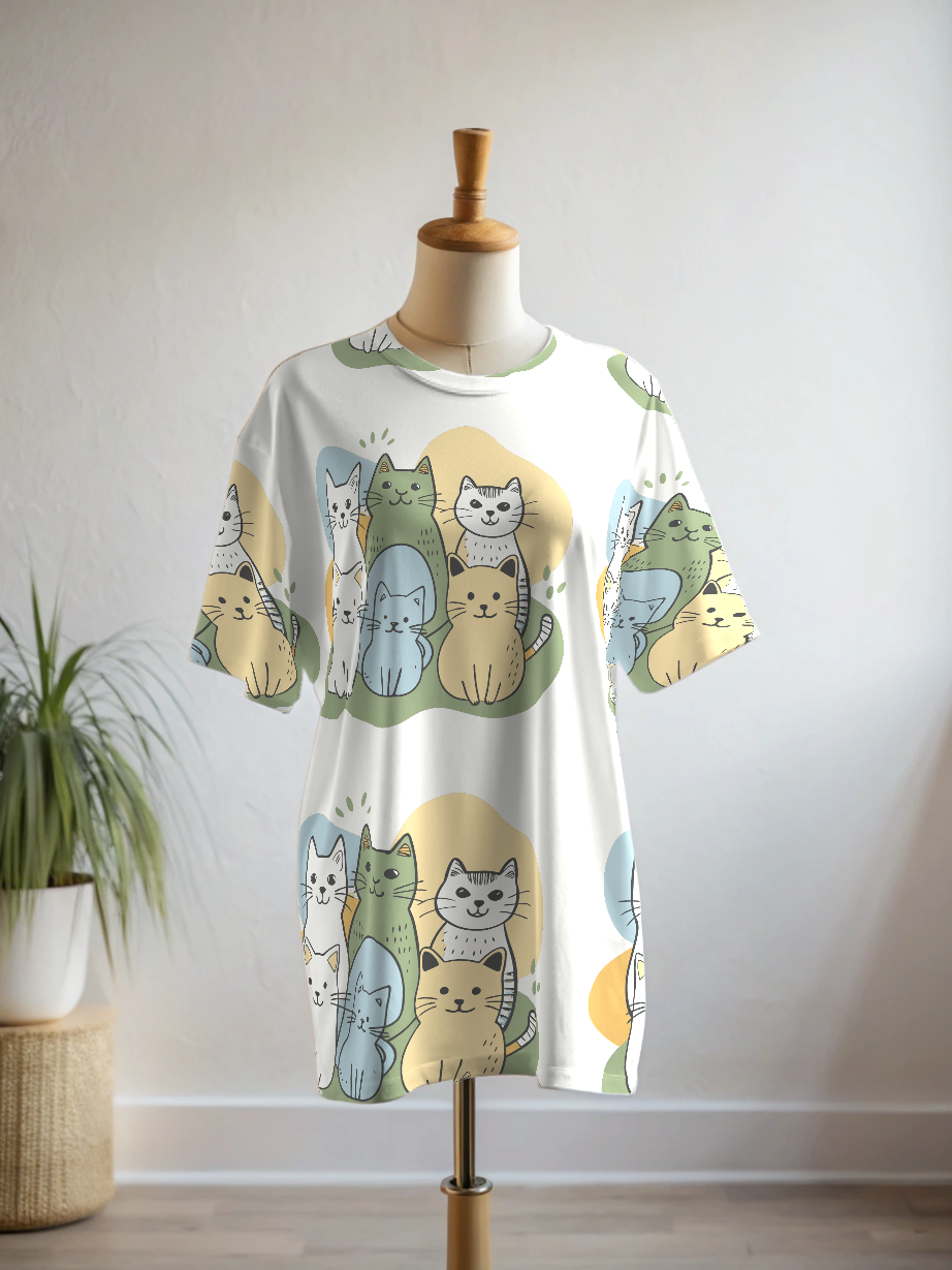 Adorable Cute Kittens Print Premium Oversized Tee With Tummy Tuck Body Shaping Leggings Co-ord Set