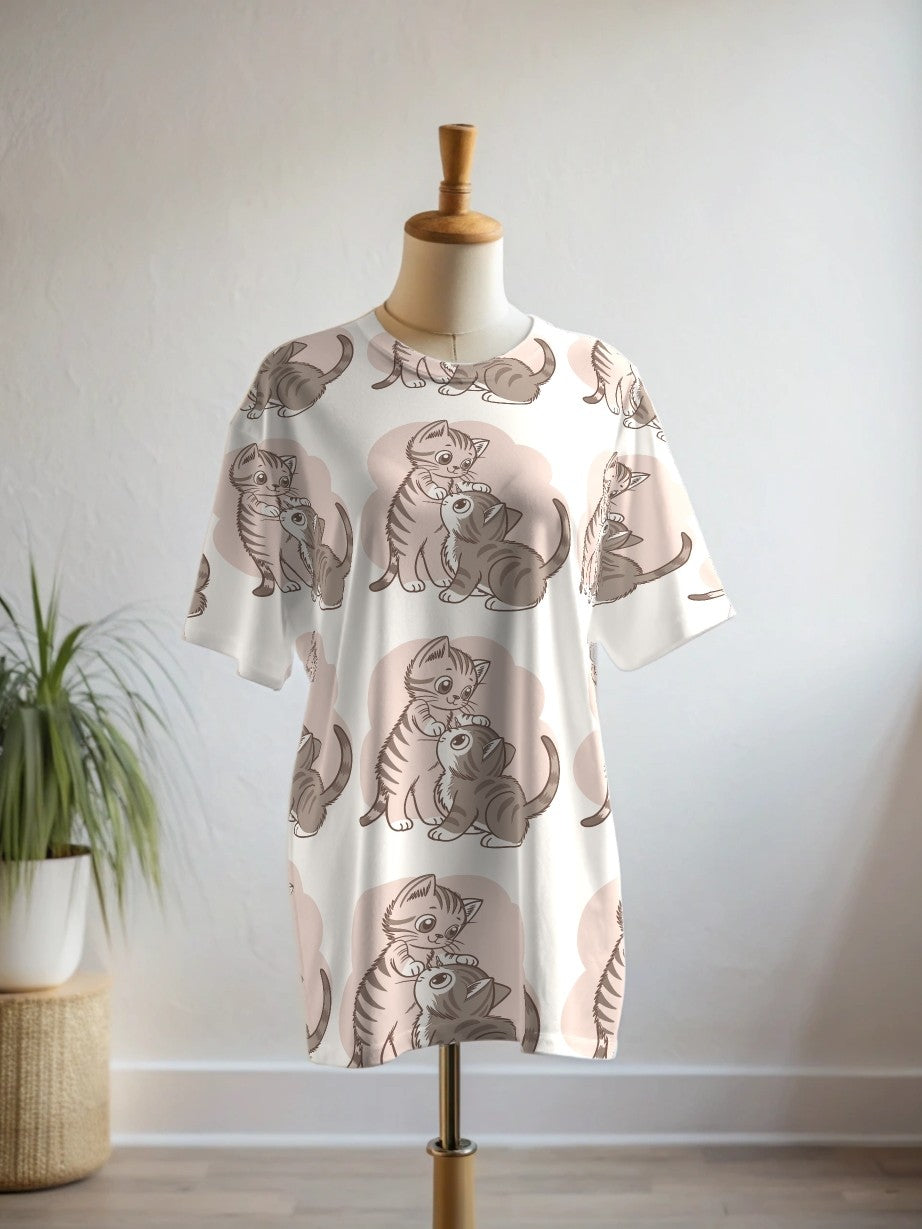 Charming Pastel Pink Kittens Print Premium Oversized Tee With Tummy Tuck Body Shaping Leggings Co-ord Set
