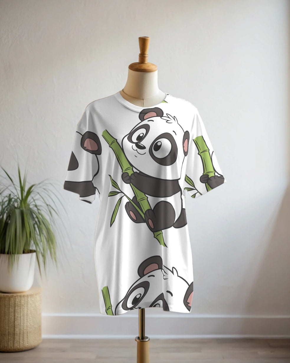 Cute Panda Print Premium Oversized Tee With Tummy Tuck Body Shaping Leggings White Co-ord Set