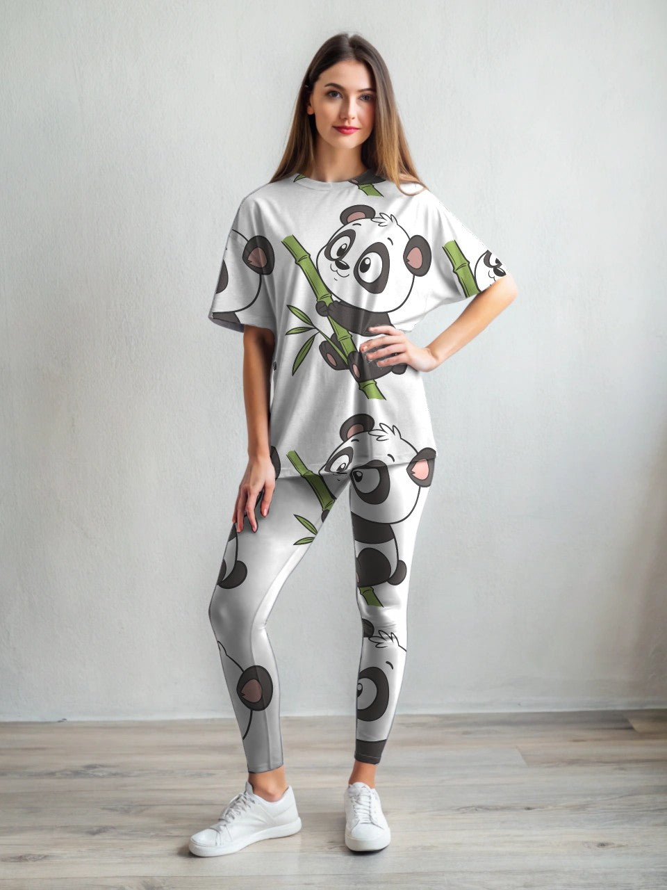 Cute Panda Print Premium Oversized Tee With Tummy Tuck Body Shaping Leggings White Co-ord Set