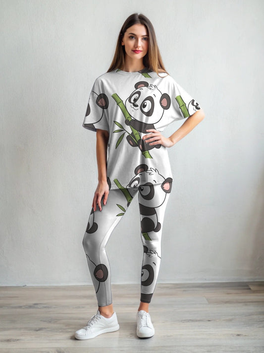 Cute Panda Print Premium Oversized Tee With Tummy Tuck Body Shaping Leggings White Co-ord Set