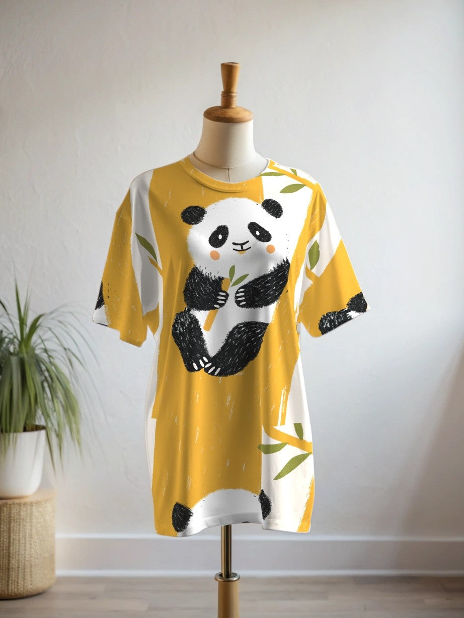 Cute Panda Print Premium Oversized Tee With Tummy Tuck Body Shaping Leggings Yellow Co-ord Set