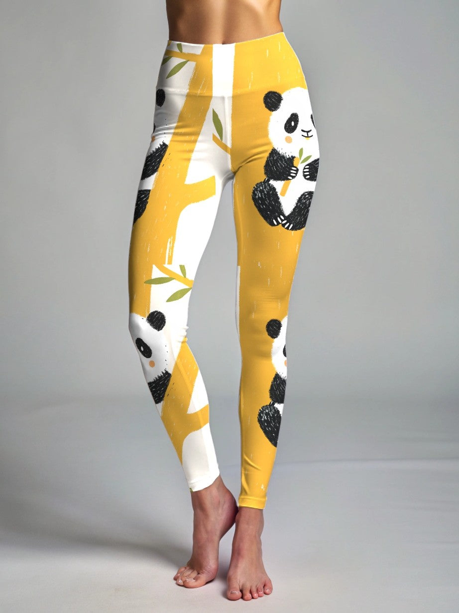 Cute Panda Print Premium Oversized Tee With Tummy Tuck Body Shaping Leggings Yellow Co-ord Set