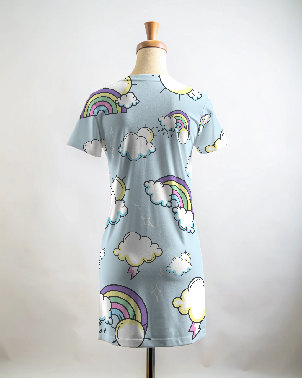 Cute Rainbow Print Blue T Shirt Dress