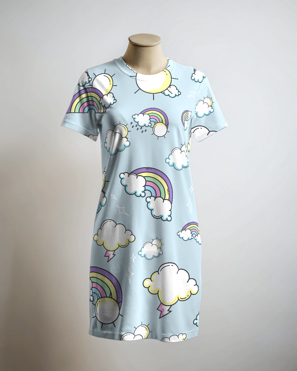 Cute Rainbow Print Blue T Shirt Dress