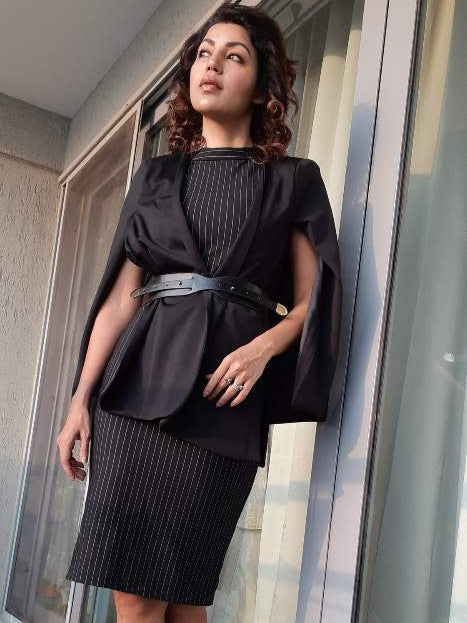 Powerful Office Cloak Jacket With Striped Dress Set