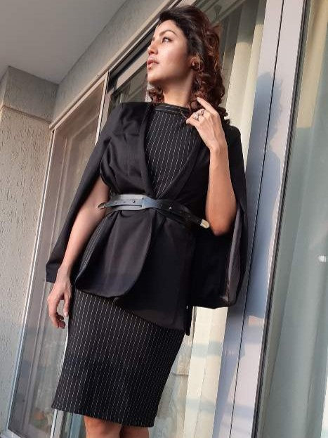 Powerful Office Cloak Jacket With Striped Dress Set