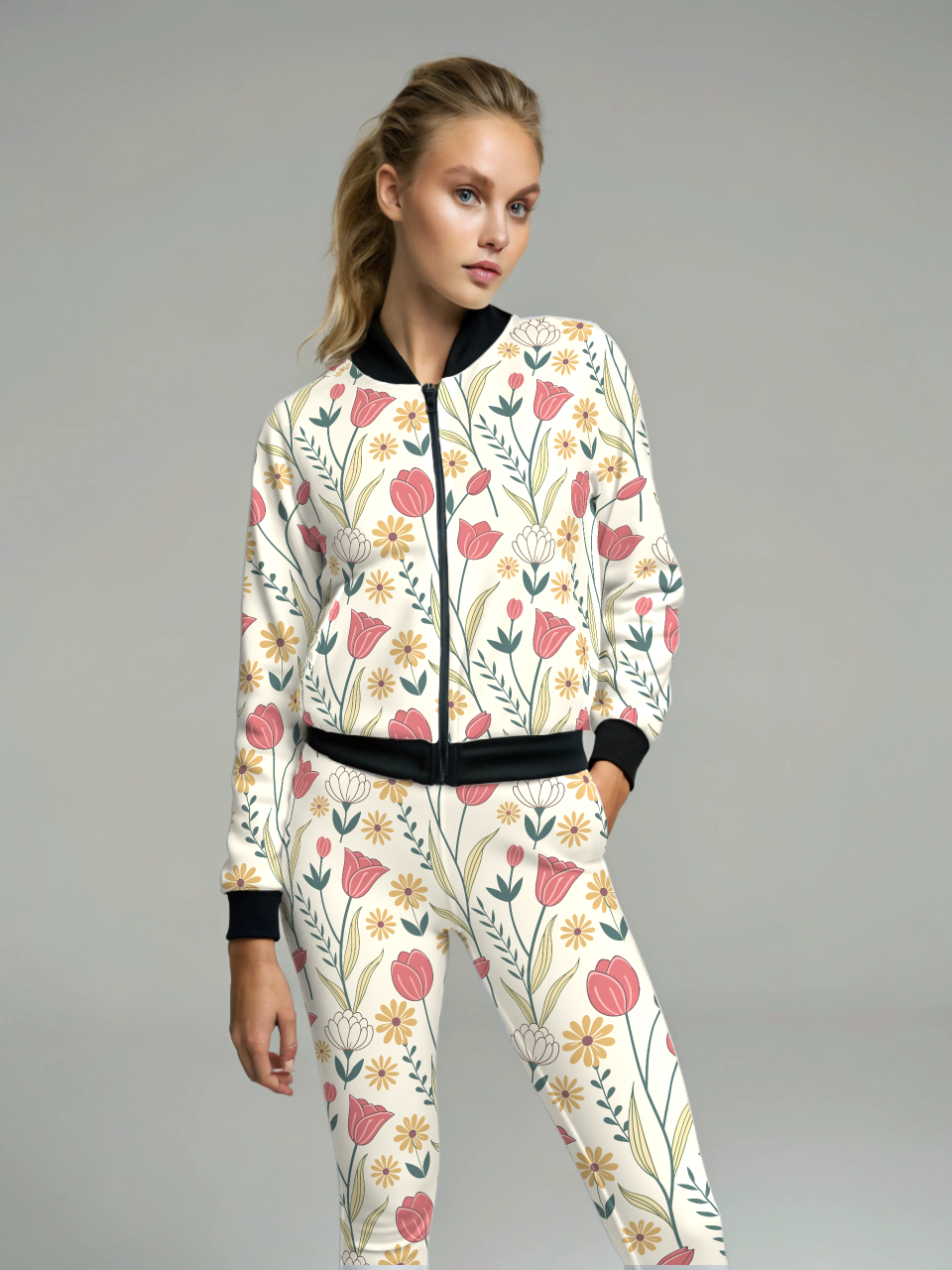 Evergreen Fresh Floral Print White High Waist Body Shaping Leggings