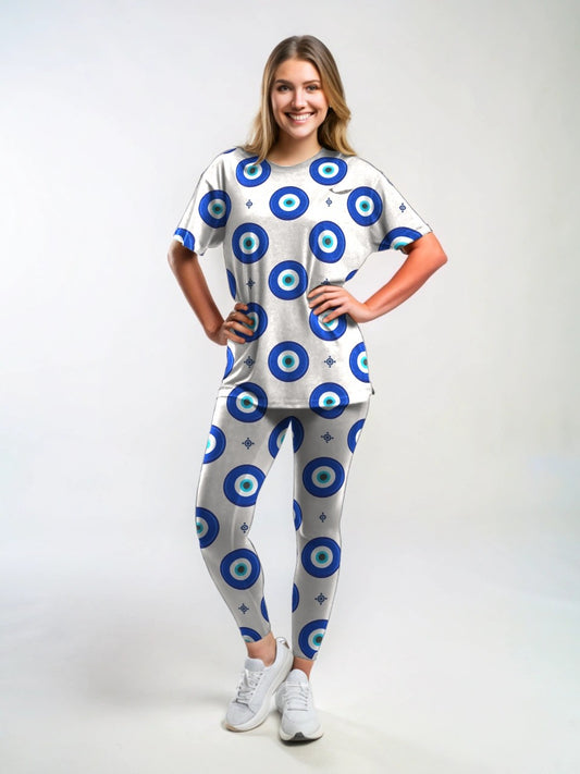 Quirky Evil Eye Print Premium Oversized Tee With Tummy Tuck Body Shaping Leggings Co-ord Set