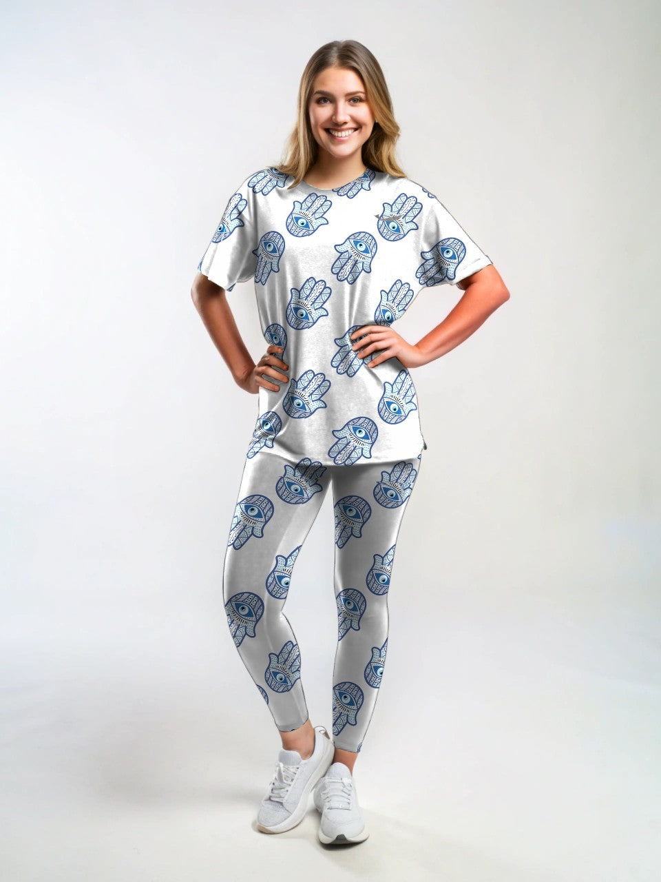 Smart Evil Eye Hand Print Premium Oversized Tee With Tummy Tuck Body Shaping Leggings Co-ord Set XXL - Ships in 24 Hrs
