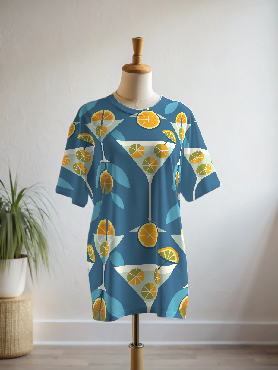 Vacay Wear Lemon Martini Print Premium Oversized Tee With Tummy Tuck Body Shaping Leggings Co-ord Set