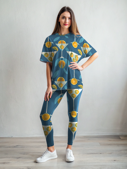 Vacay Wear Lemon Martini Print Premium Oversized Tee With Tummy Tuck Body Shaping Leggings Co-ord Set