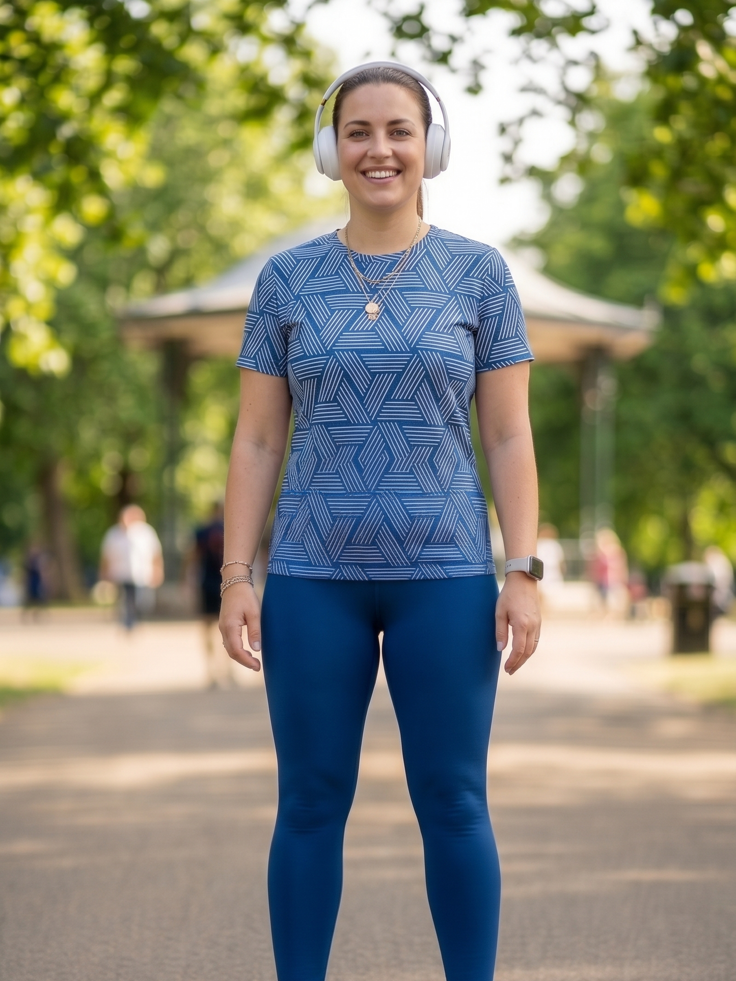 Sophisticated Geometric Print | Activewear Coord Set Tshirt With Tummy Tuck Blue Leggings | Multi Sport | Odour Free