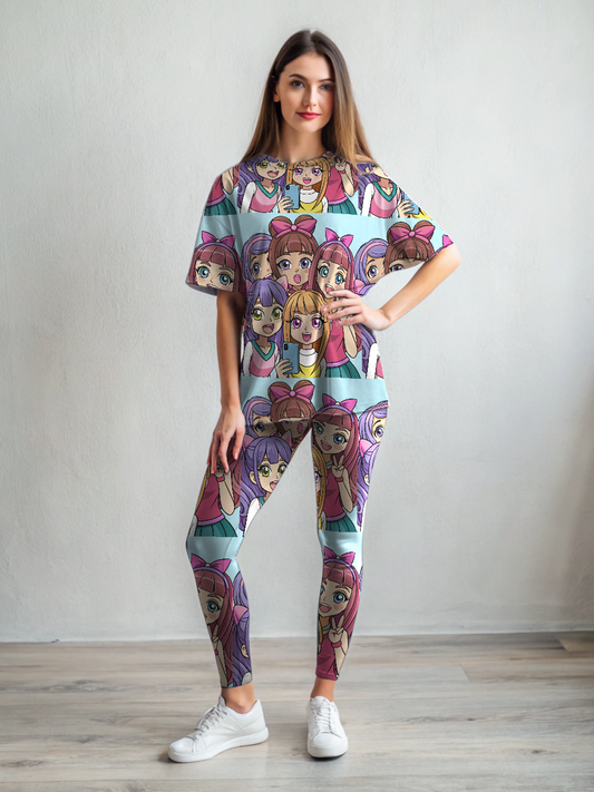 Wow! Girls Gang Selfie Print Premium Oversized Tee With Tummy Tuck Body Shaping Leggings Co-ord Set