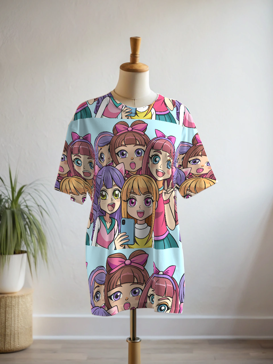 Wow! Girls Gang Selfie Print Premium Oversized Tee With Tummy Tuck Body Shaping Leggings Co-ord Set