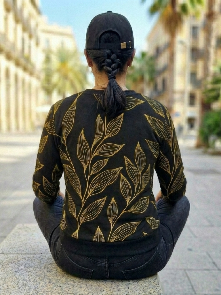 Greece Vibe Leaf Print Black Sweatshirt