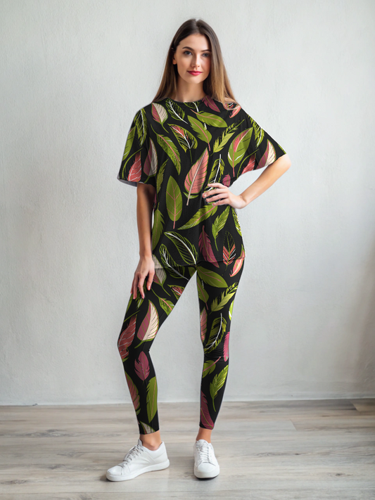 Serene Feather Print Premium Oversized Tee With Tummy Tuck Body Shaping Leggings Co-ord Set