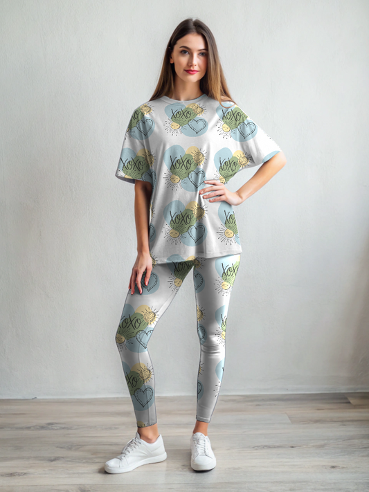 Sweet XOXO Print Premium Oversized Tee With Tummy Tuck Body Shaping Leggings Co-ord Set
