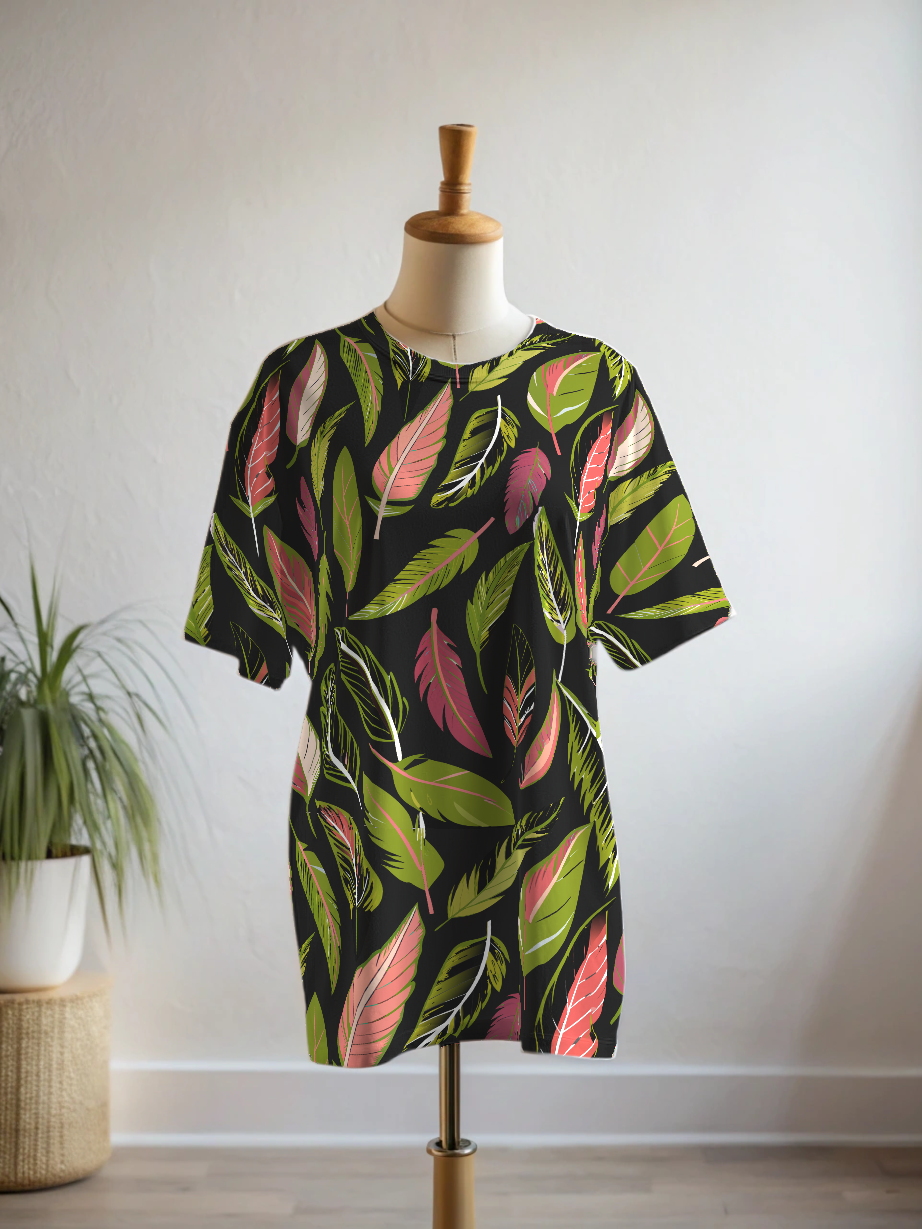 Serene Feather Print Premium Oversized Tee With Tummy Tuck Body Shaping Leggings Co-ord Set