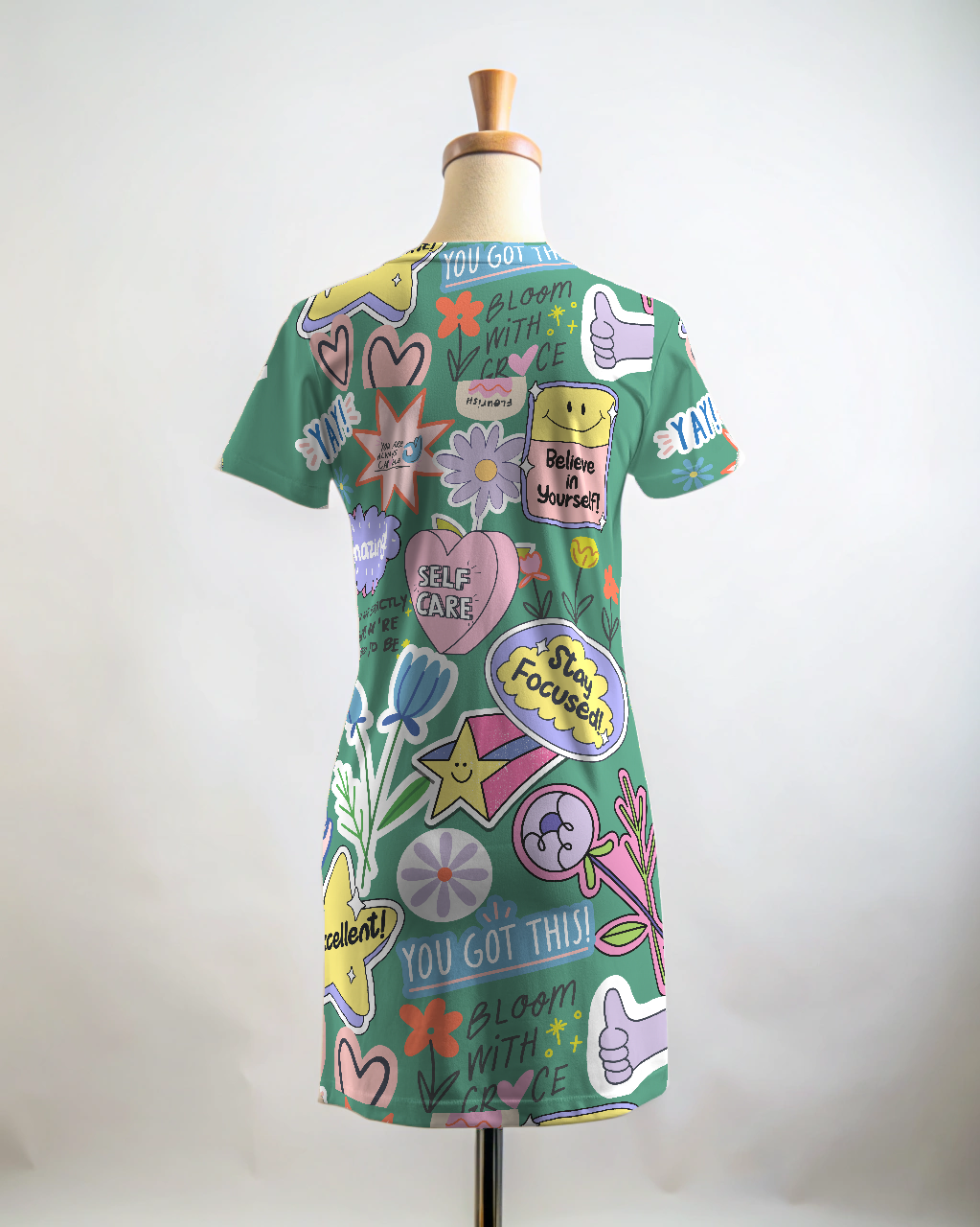 Quirky Stay Focussed Print Green T Shirt Dress